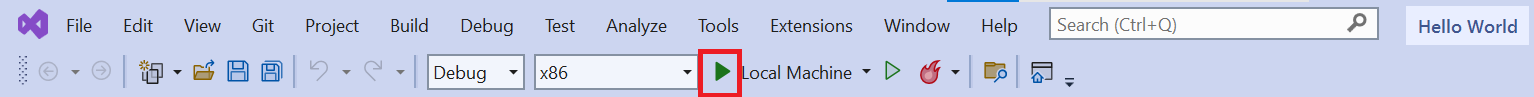 Screenshot showing the Visual Studio menu bar. The run button, represented by a green triangle, is highlighted.