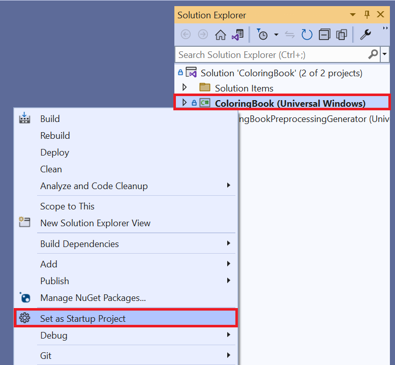Screenshot of a Visual Studio context menu when a project is right-clicked. An example project is highlighted along with the correct menu option.