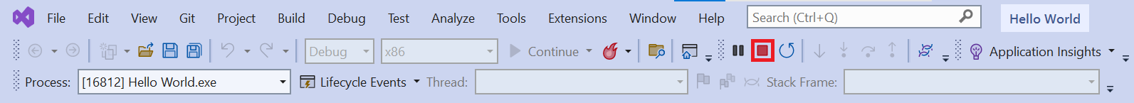 Screenshot showing the Visual Studio menu bar. The stop button, represented by a red square, is highlighted.
