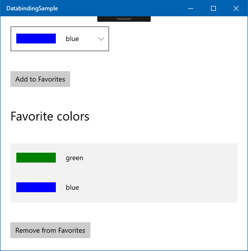 Screenshot of sample app showing favorite colors added to list.