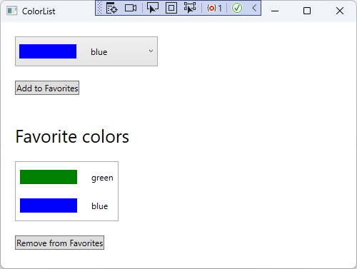 Screenshot of sample app showing selected color added to favorites.