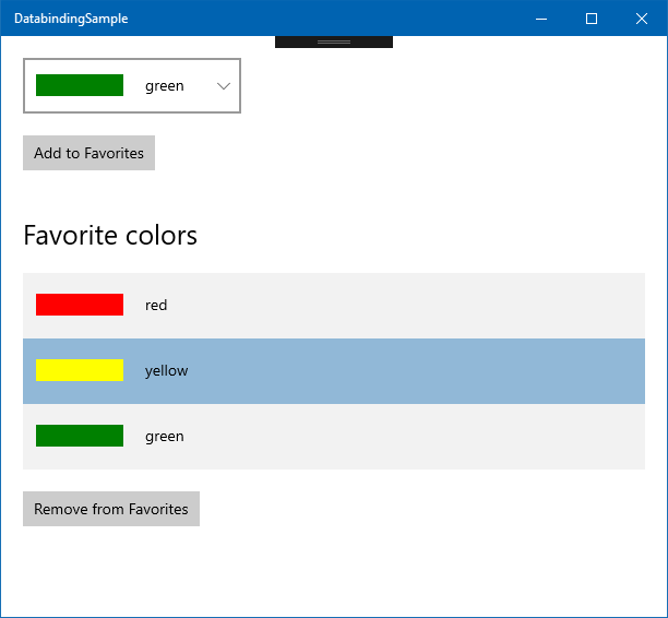 Screenshot of sample databinding app running and displaying favorite colors.