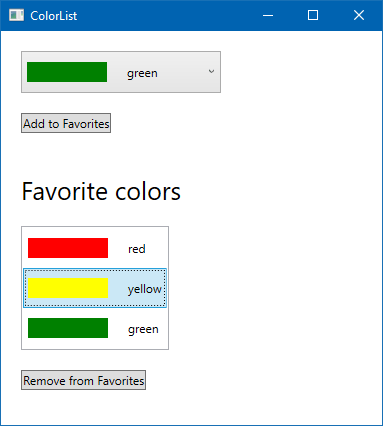 Screenshot of sample app showing selected favorite color with remove button available.