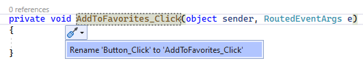 Screenshot of Visual Studio quick action option to rename button click method.