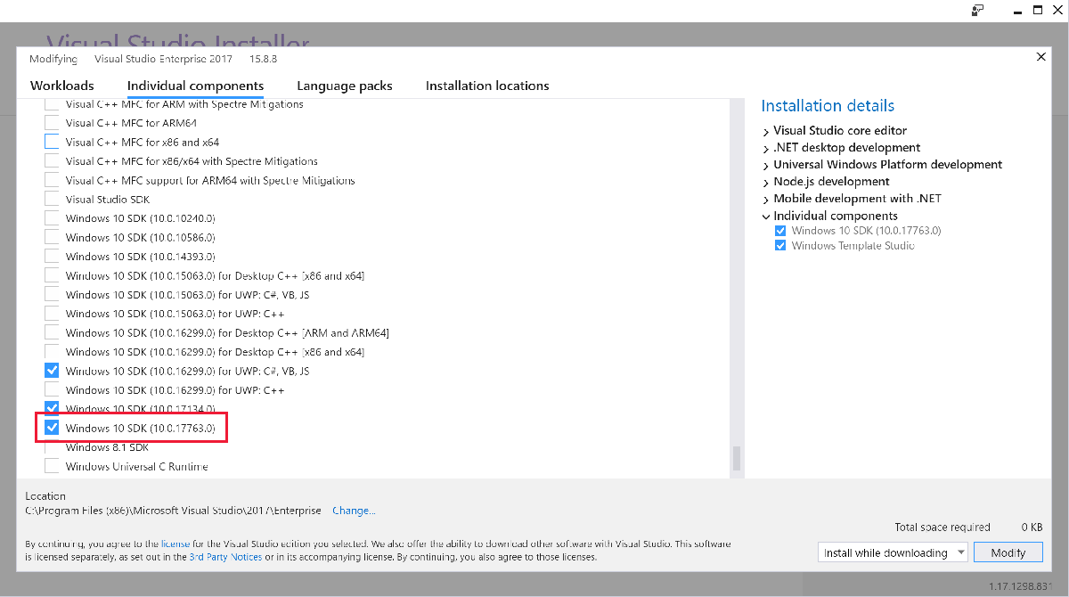 Screenshot showing the list of Windows 10 SDKs in Visual Studio Installer.