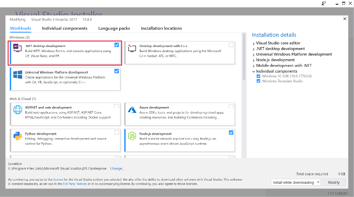 Screenshot showing the Visual Studio packages for .NET.