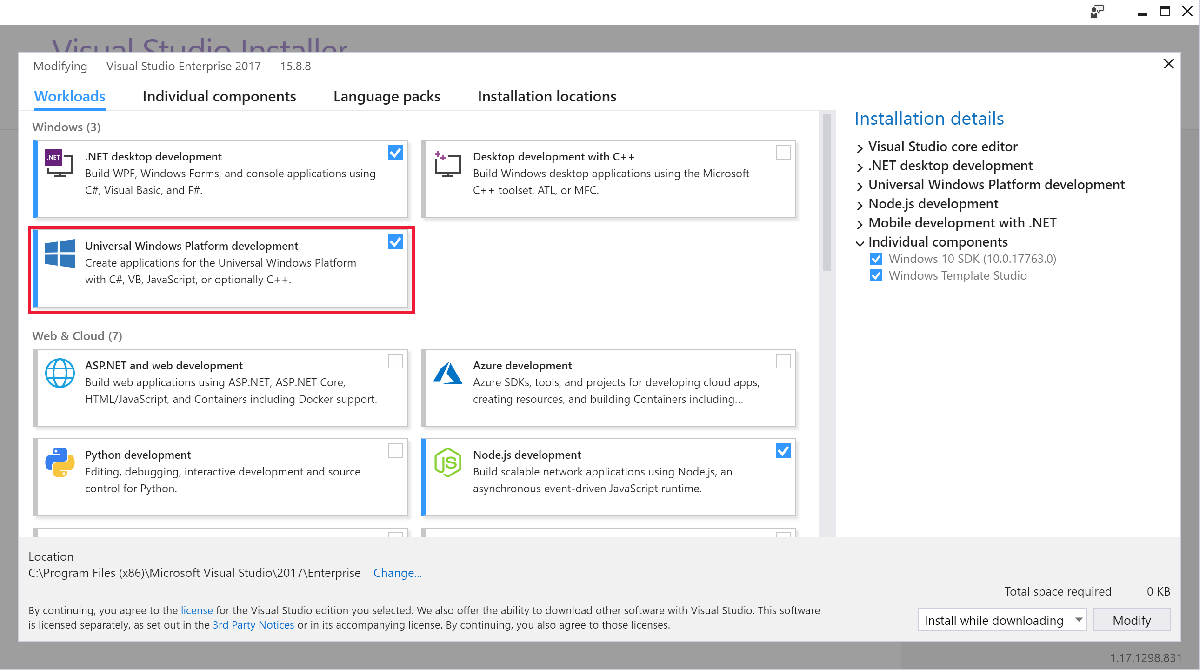 Screenshot showing the Visual Studio packages for UWP.