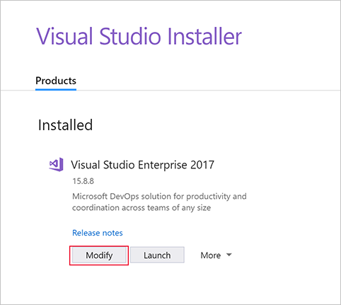 Screenshot showing the Visual Studio "Modify" button.