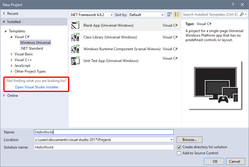 Screenshot showing the "Open Visual Studio Installer" link.