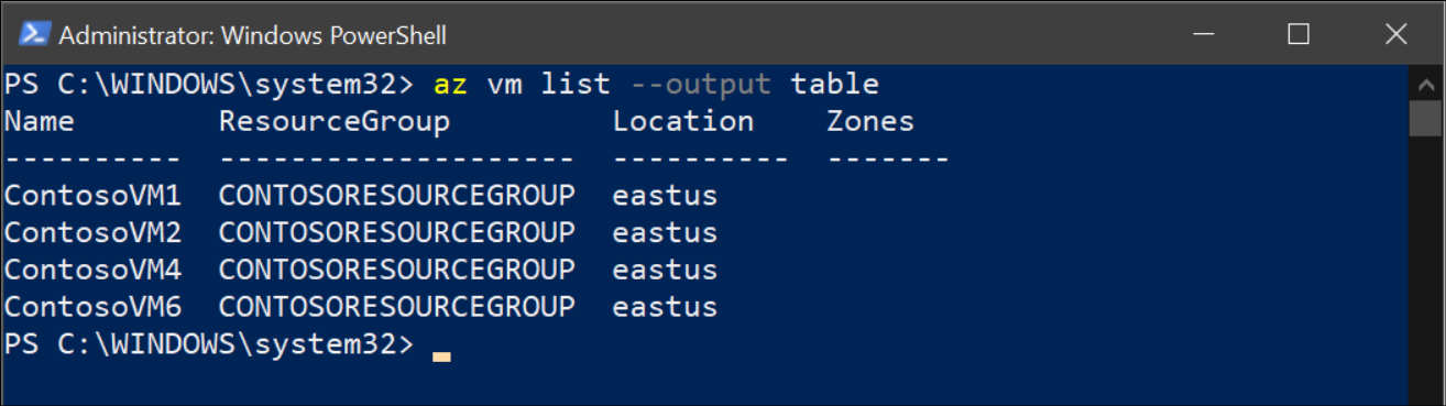 A screenshot of Azure CLI. The administrator has just run the az vm list --output table command. Four VMs display.