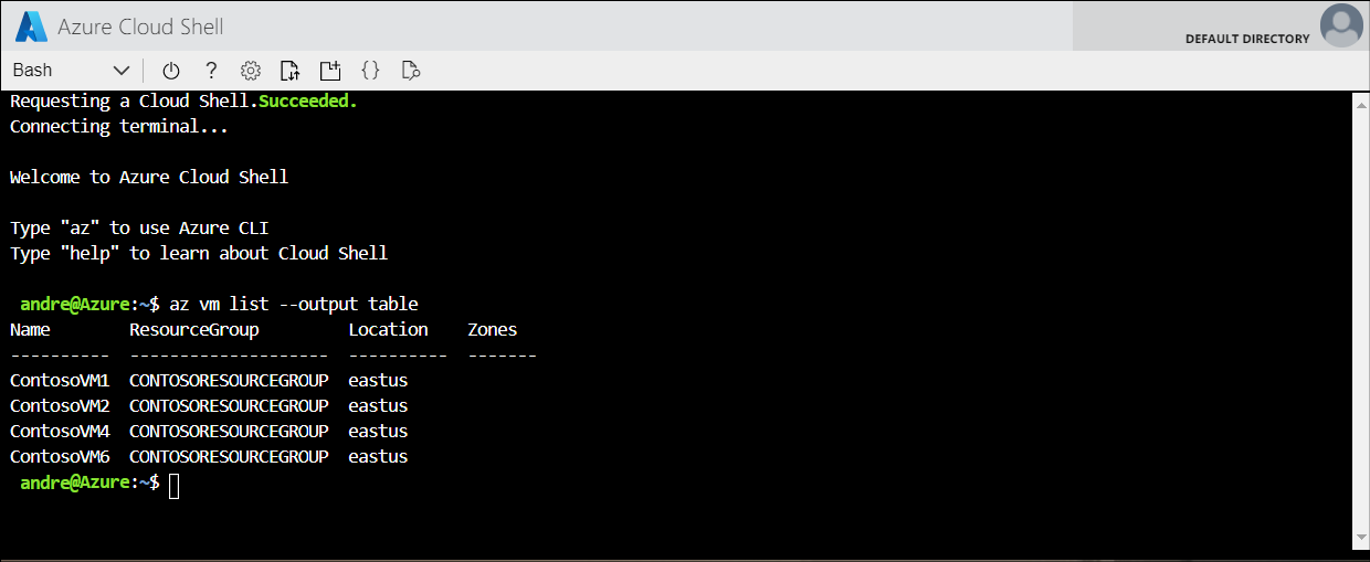 A screenshot of the Azure Cloud Shell. The administrator has run the following command: az vm list --output table. Four VMs are displayed in the output.