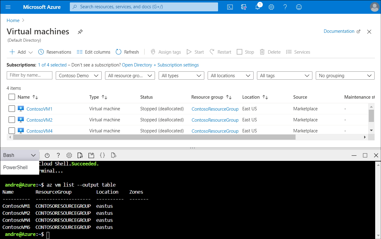 A screenshot of the Azure portal. The administrator has selected Azure Cloud Shell from the menu. The administrator has run a Bash command to retrieve a list of VMs.