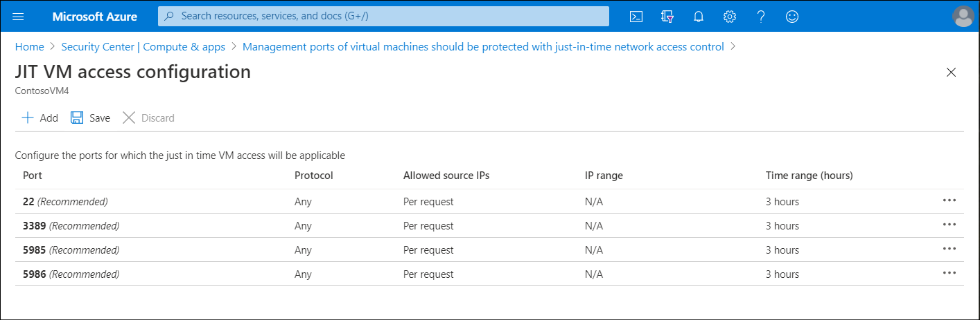 A screenshot of the JIT VM access configuration blade in the Azure portal. The administrator is configuring the ContosoVM4 VM.