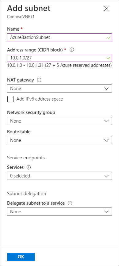 A screenshot of the Add subnet blade. The administrator is adding a subnet called AzureBastionSubnet with a prefix of /27.