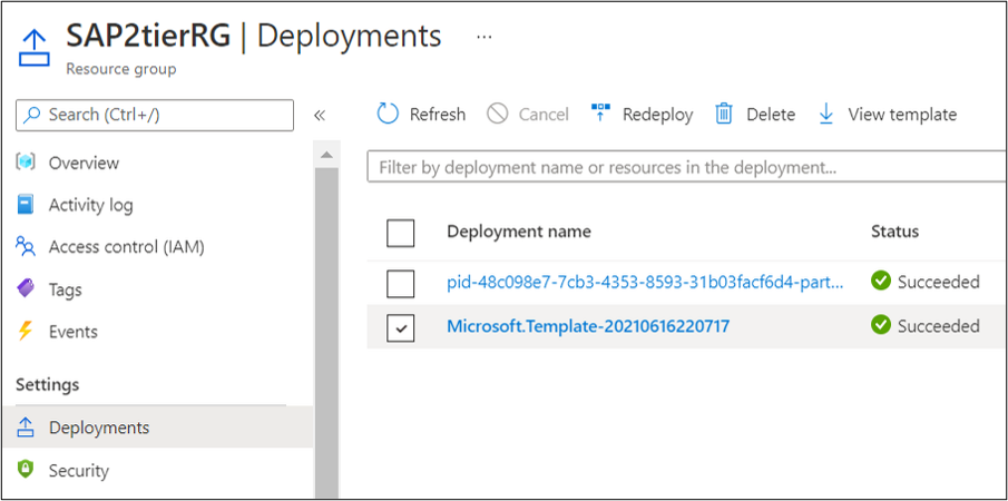 Screenshot of Azure portal, template deployment.