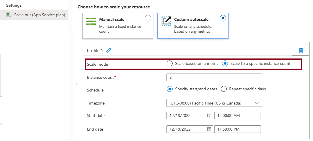 Screenshot that shows how to create an autoscale condition in the Azure portal, including settings for the scale mode and instance count.