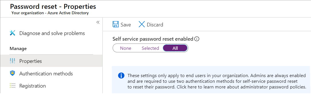 Screenshot that shows the self-service password reset options for a Microsoft Entra tenant in the Azure portal.
