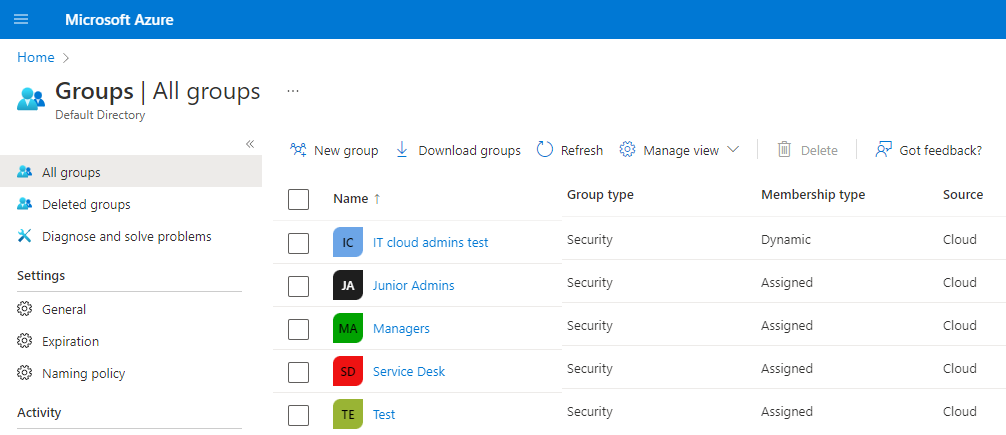 Screenshot that shows a list of groups in the Azure portal, and their group and membership types.