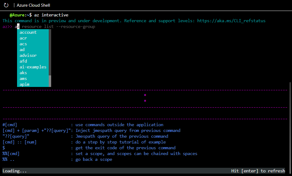 Screenshot of interactive mode with autocompletion providing commands that start with A.