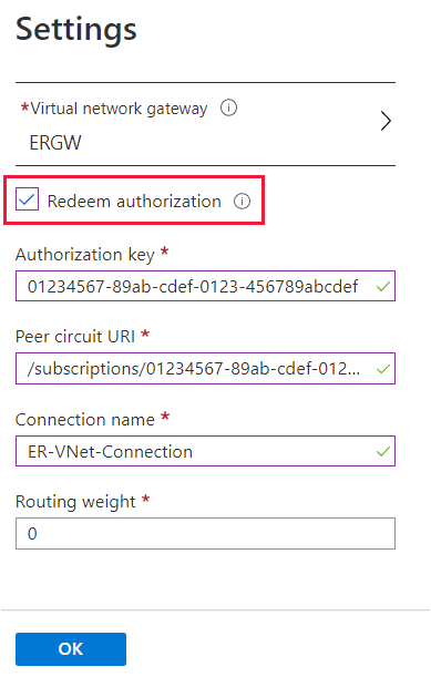 Azure portal - create connection settings tab