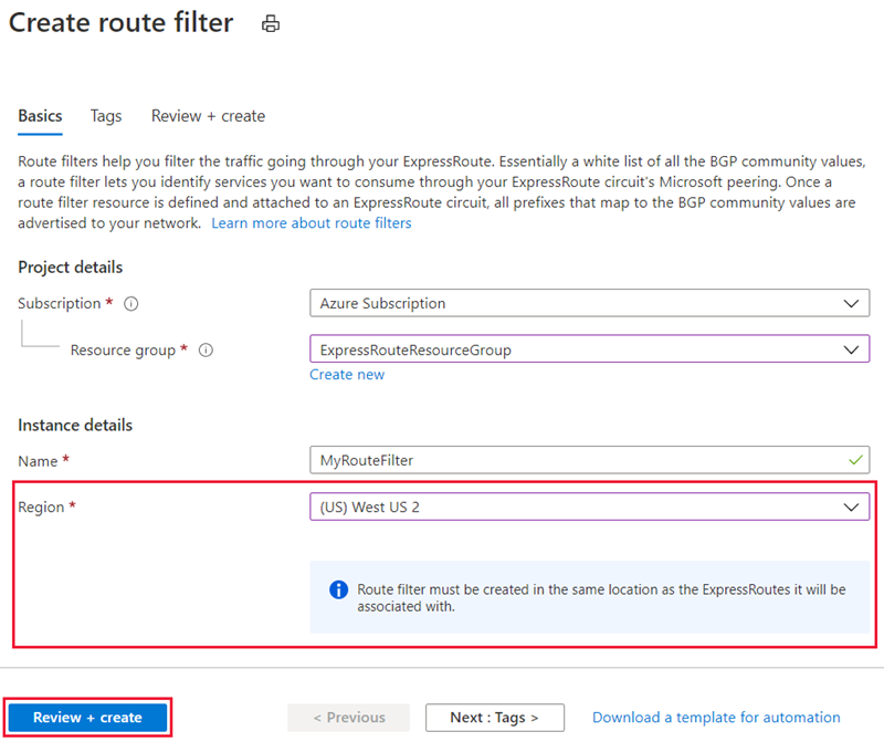 Azure portal - create route filter basics tab