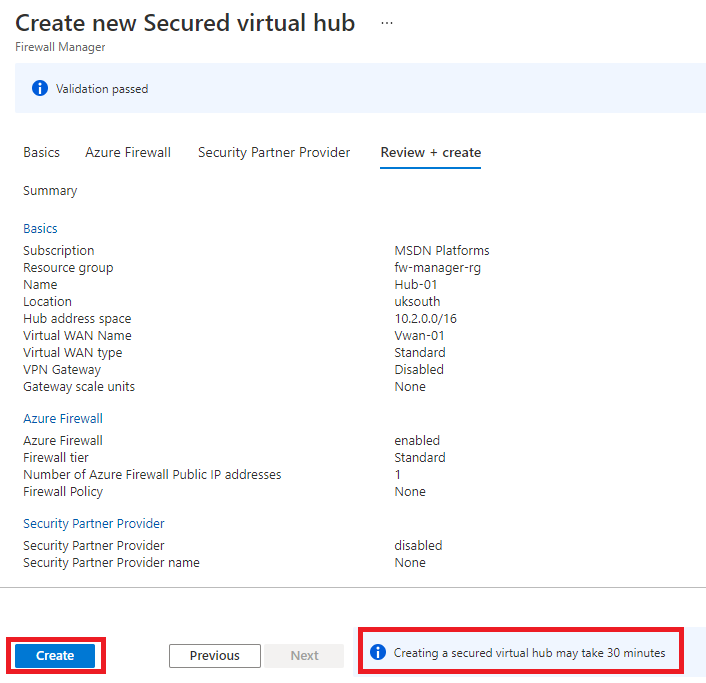 Create new secured virtual hub - Review and Create