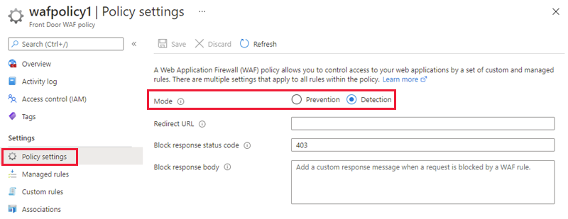 Screenshot that shows the WAF policy modes.