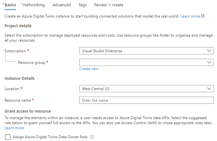Screenshot that shows the fields on the Basics tab that are required to create the Azure Digital Twins instance.