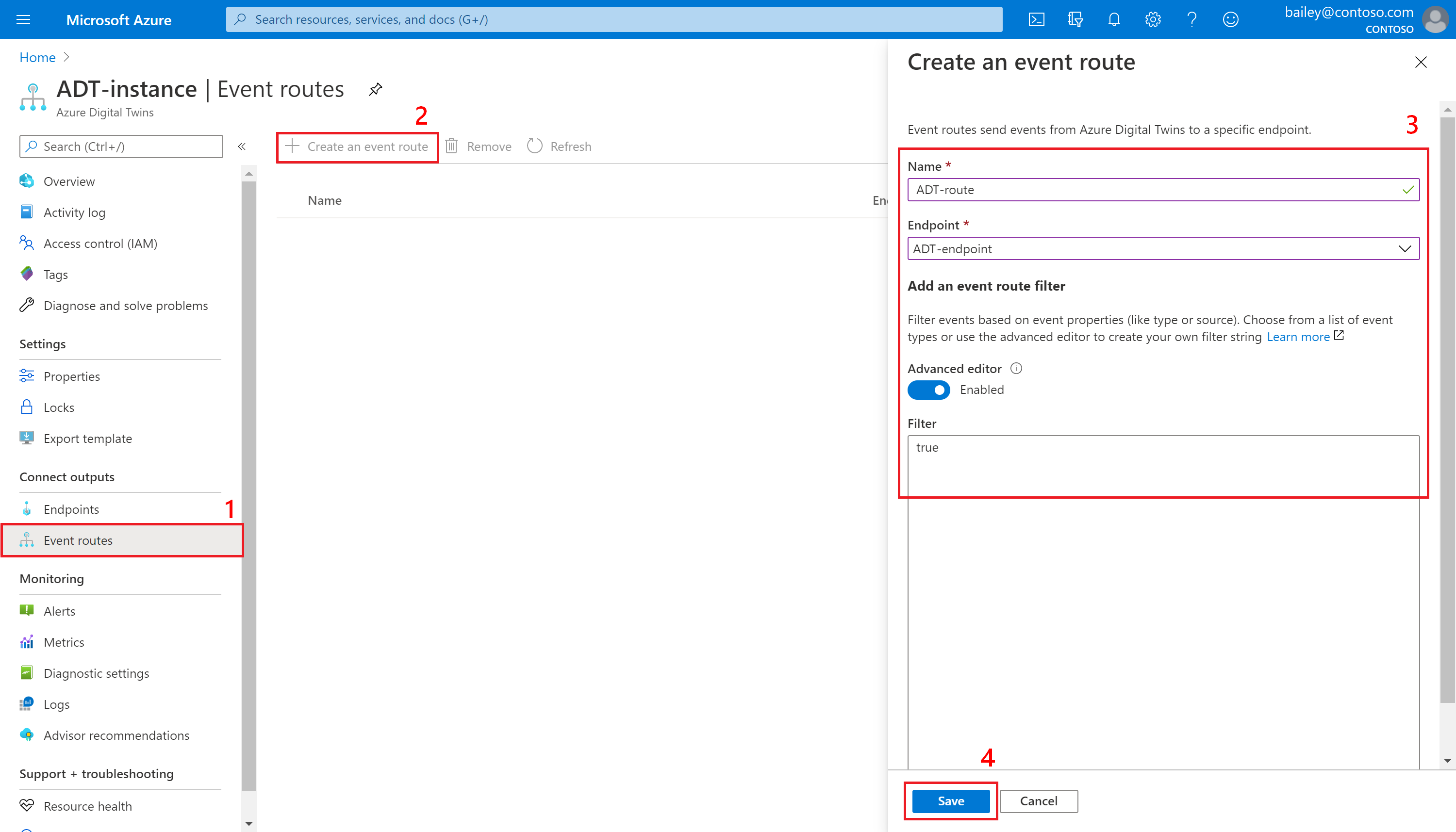 Screenshot that shows how to create Event Routes for Azure Digital Twins in the Azure portal.