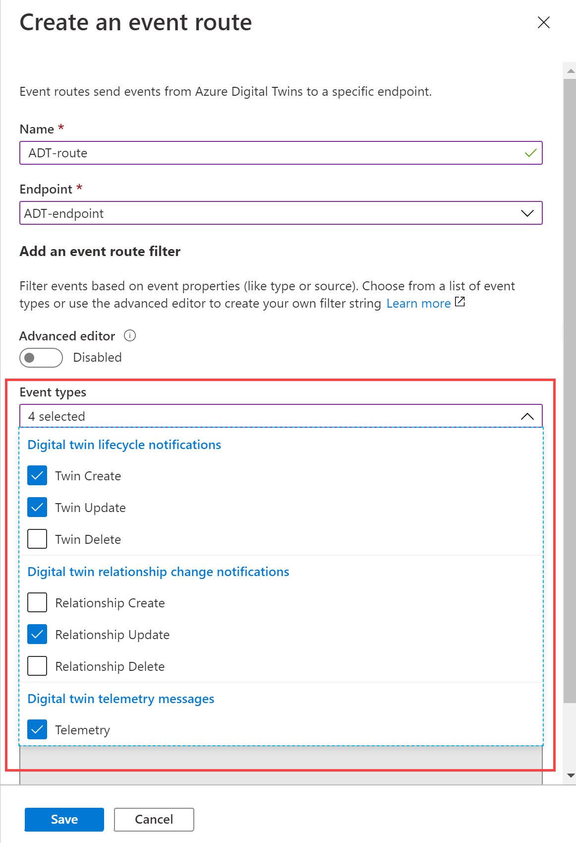 Screenshot that shows how to configure an Azure Digital Twins Event Route.