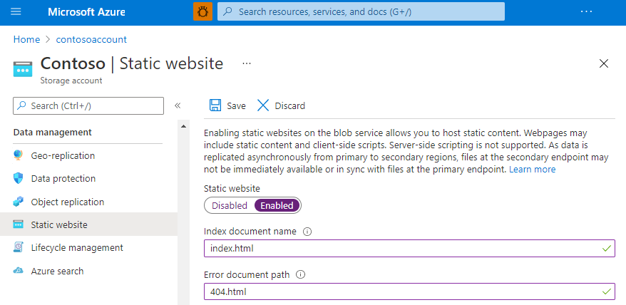 Screenshot showing the locations of the fields to enable and configure static website hosting.