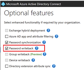 Screenshot of Azure AD Connect Optional Features. The Password Writeback checkbox is selected.