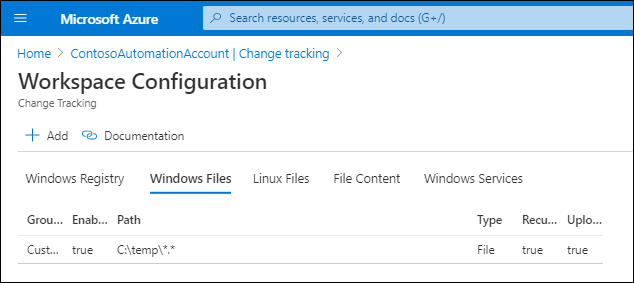A screenshot of the Workspace Configuration blade in Change Tracking. The Administrator has selected the Windows Files tab and added a file.