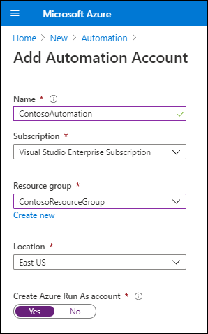 Screenshot of Azure Automation Account.  The name is defined as ContosoAutomation in the ContosoResourceGroup. The location is configured as East US.