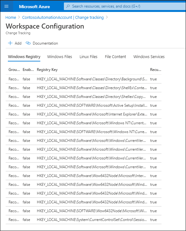 A screenshot of the Workspace Configuration blade in Change Tracking. The Administrator has selected the Windows Registry tab. Other tab options are: Windows Files, Linux Files, File Content, and Windows Services.