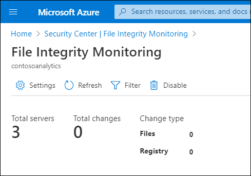 Screenshot of the File Integrity Monitoring dashboard with the Settings, Refresh, Filter, and Disable options. Three servers are reporting zero changes.