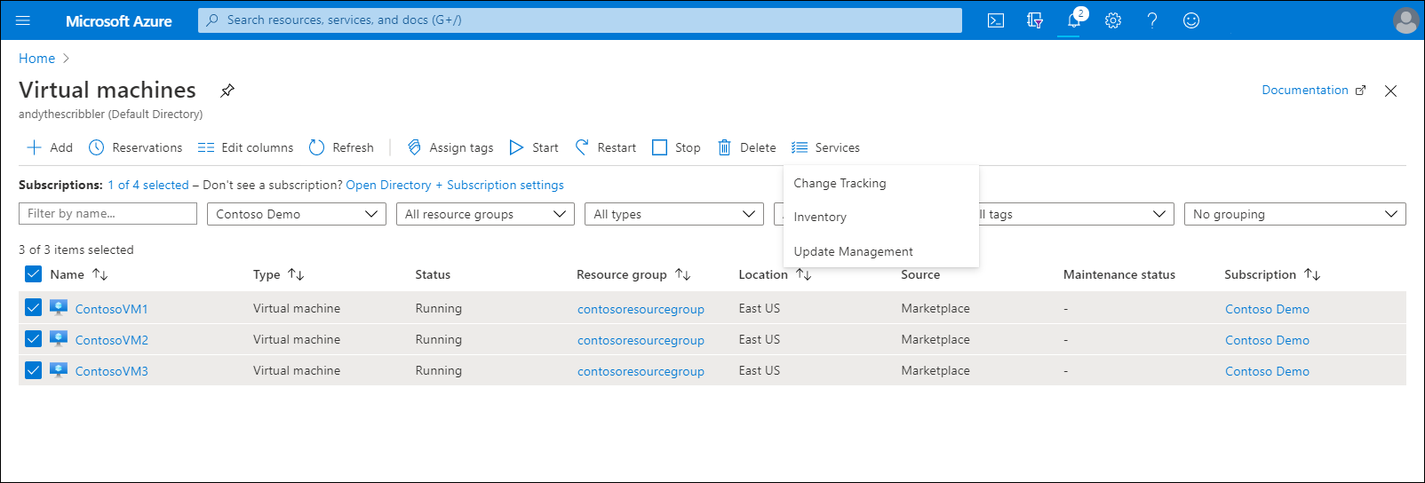 A screenshot of the Azure portal, Virtual Machines blade. All VMs are selected, and from the Services menu, the administrator has selected Change Tracking. Inventory is also displayed in the list. 