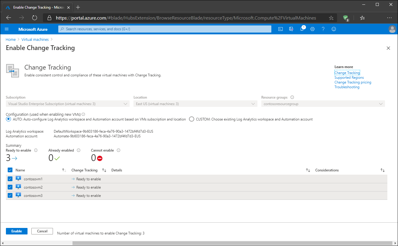 A screenshot of the Enable Change Tracking blade in the Azure portal. Three VMs are selected, their Change Tracking status is Ready to enable.