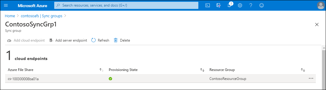 A screenshot of the ContosoSyncGrp1 page in the Azure portal. One cloud endpoint lists the Azure File Share name and Resource Group.