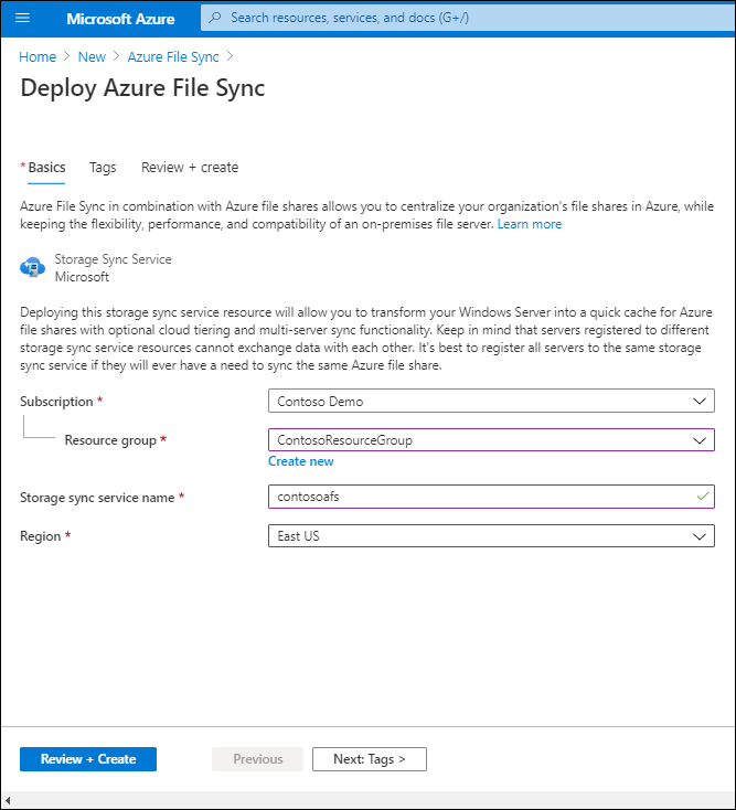 A screenshot the Deploy Azure File Sync page in the Azure portal. The Resource group name is ContosoResourceGroup, the Storage Sync Service name is contosoafs, and the region is EastUS.