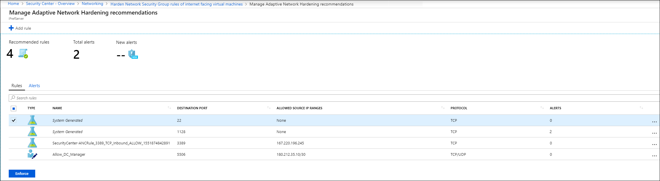 A screenshot of the Azure portal, Manage Adaptive Network Hardening resources blade. The administrator has selected the Healthy resources tab and selected a specific VM. The recommended rules are displayed for review.