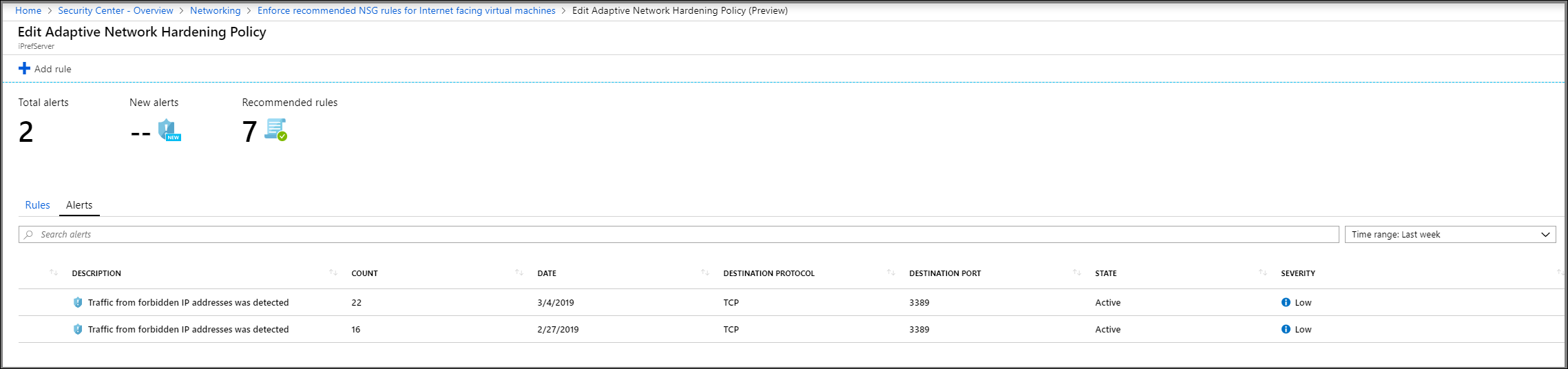 A screenshot of the Azure portal. The administrator has selected the Unhealthy resources tab and selected a specific virtual machine. Two alerts are displayed for review.