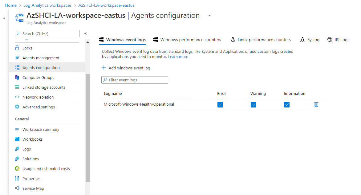 The screenshot depicts the Log Analytics workspace where you can view a collection of Service Health events generated automatically by Windows Admin Center.