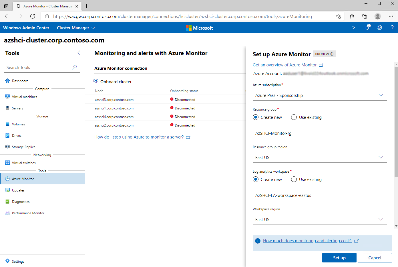 The screenshot depicts how Windows Admin Center offers the option to onboard an Azure Stack HCI cluster, which automatically provisions all required Azure components, including resource groups and a Log Analytics workspace, installs the agents on cluster nodes, and, optionally, onboards the nodes to Azure Arc.