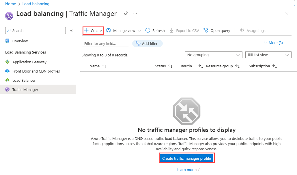 Screenshot of Selecting 'Traffic Manager profile' from the 'Create a resource' page.