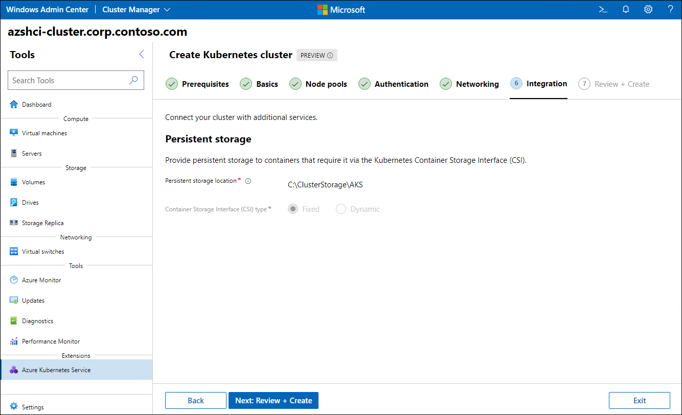 The screenshot depicts the Integration step of the Create Kubernetes cluster wizard in Windows Admin Center.