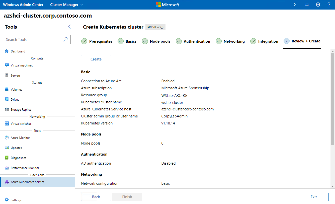 The screenshot depicts the Review + Create step of the Create Kubernetes cluster wizard in Windows Admin Center.