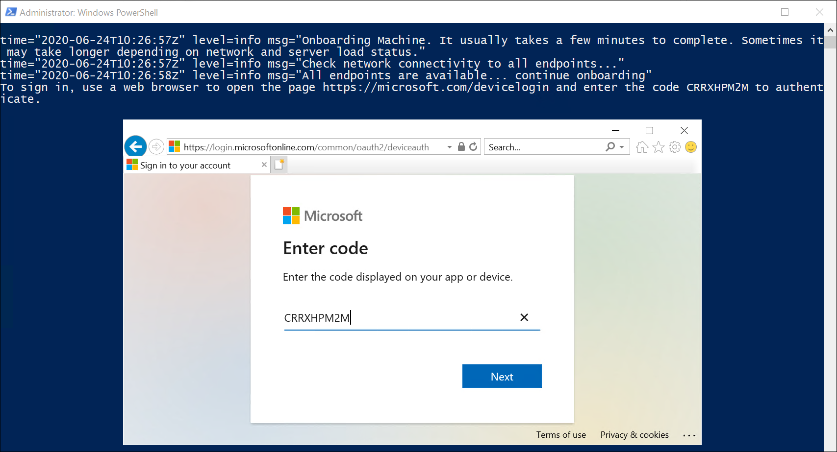 A screenshot of the Administrator: Windows PowerShell window with the installation script running. The administrator is entering a security code to confirm their intention to onboard the machine.