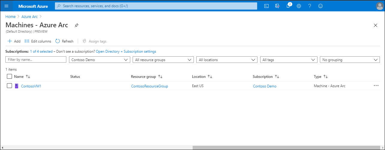 A screenshot of the Machines - Azure Arc page in the Azure portal. A single computer, ContosoVM1, is listed.