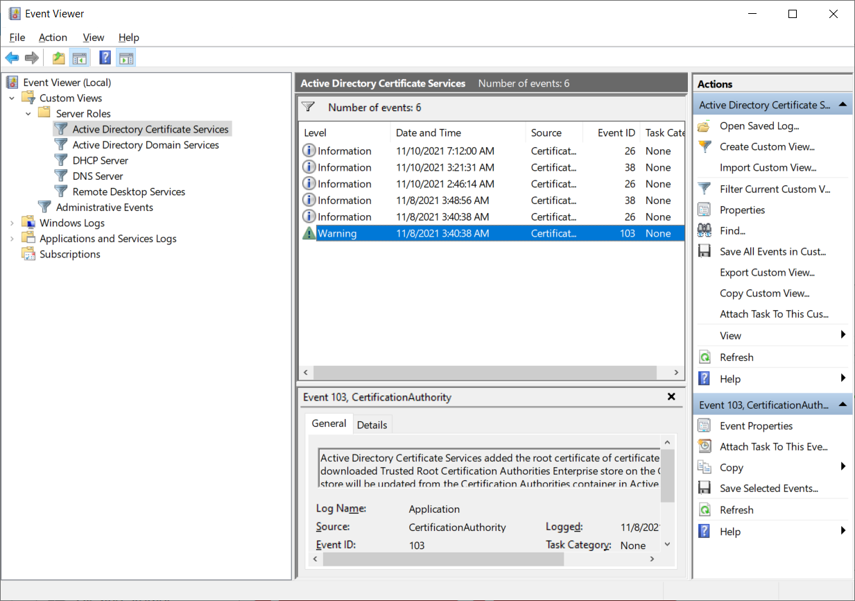 This screenshot displays an Administrative Events custom view related to Active Directory Certificate Services.